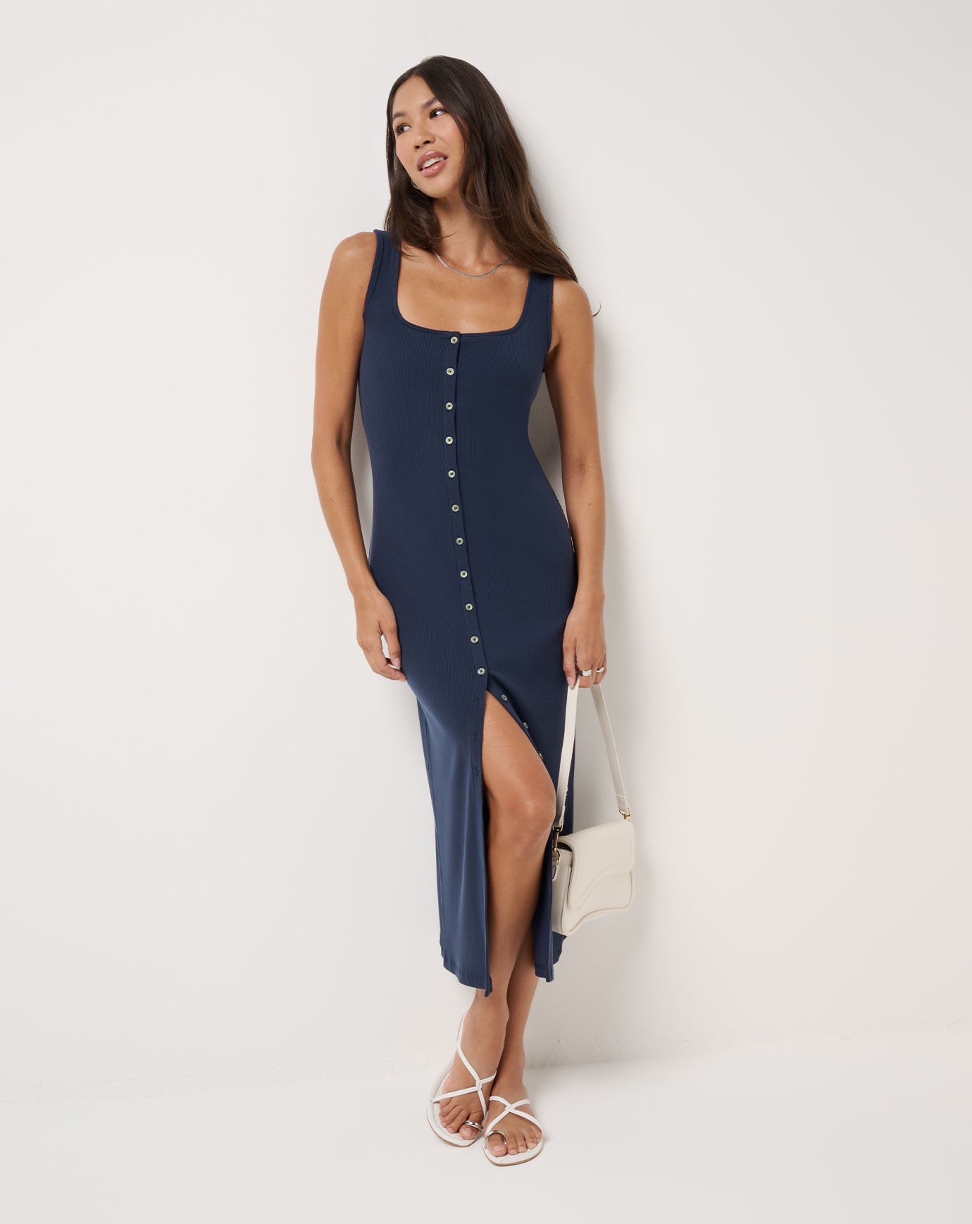 Women Cloud Rib Button Tank Dress